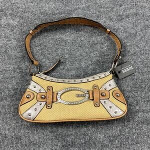 Vintage Guess Raffia Shoulder Bag Yellow Baguette Rhinestone Y2K 90s 2000s
